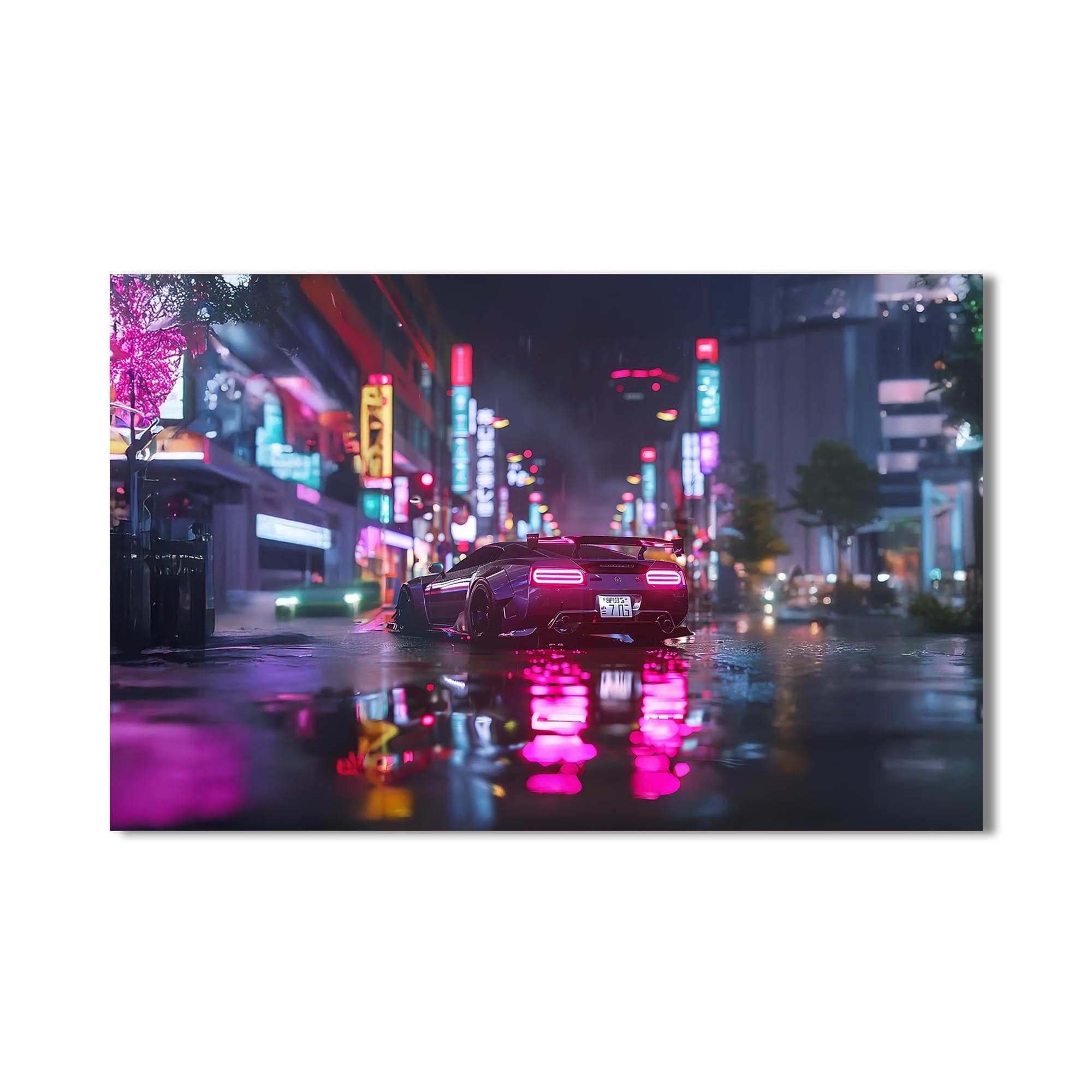 Artronauts Glass Print Neon Rain Drive – Cyberpunk Car Glass Wall Art