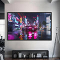 Artronauts Glass Print S | 72x46 cm | 28.3"x18.1" / Black Neon Rain Drive – Cyberpunk Car Glass Wall Art