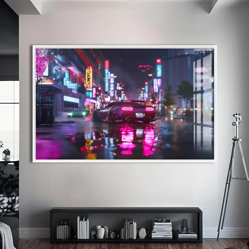 Artronauts Glass Print S | 72x46 cm | 28.3"x18.1" / White Neon Rain Drive – Cyberpunk Car Glass Wall Art