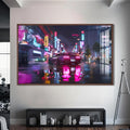 Artronauts Glass Print S | 72x46 cm | 28.3"x18.1" / Walnut Neon Rain Drive – Cyberpunk Car Glass Wall Art