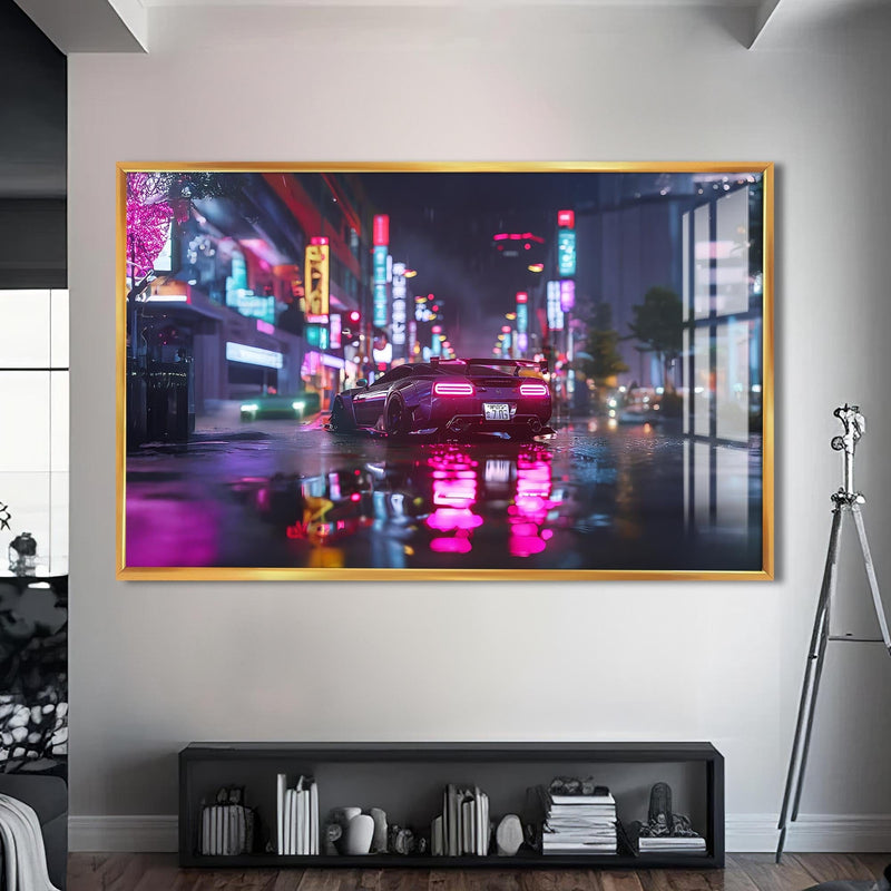 Artronauts Glass Print S | 72x46 cm | 28.3"x18.1" / Gold Neon Rain Drive – Cyberpunk Car Glass Wall Art
