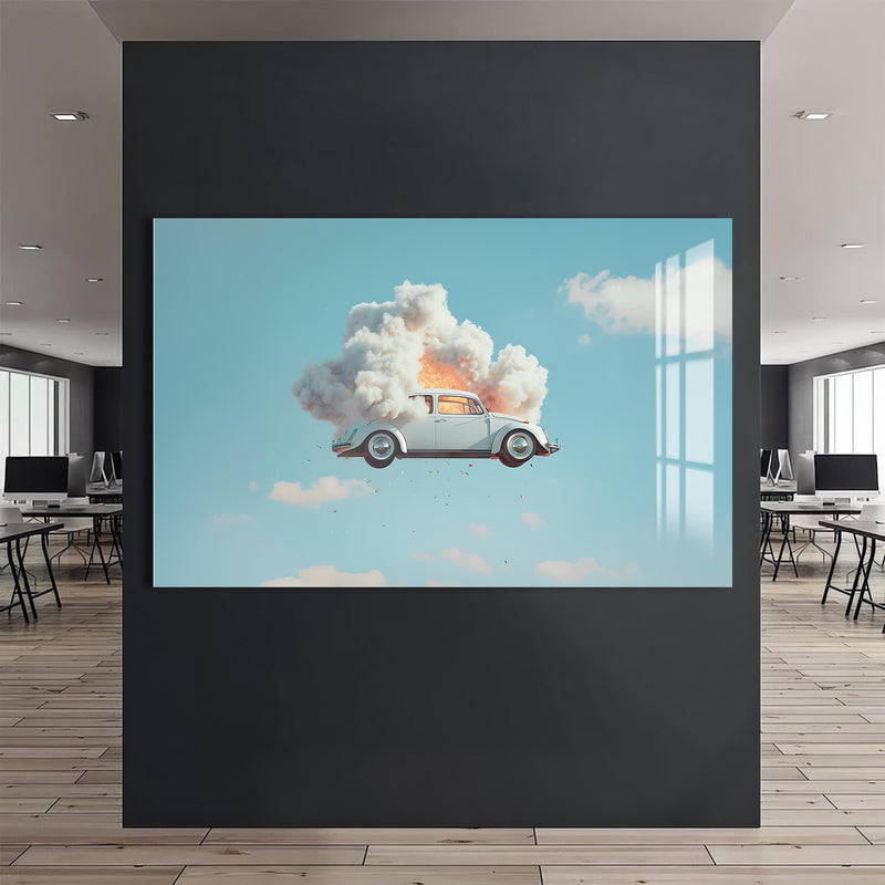 Artronauts Glass Print Surreal Floating Vintage Car–Tempered Glass Wall Art