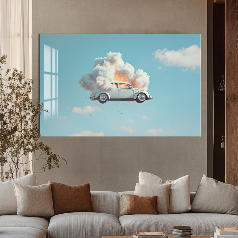 Artronauts Glass Print Surreal Floating Vintage Car–Tempered Glass Wall Art