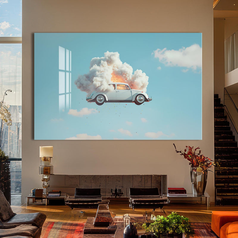 Artronauts Glass Print Surreal Floating Vintage Car–Tempered Glass Wall Art