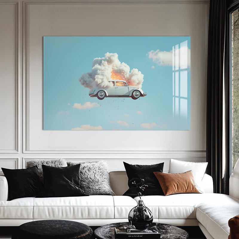 Artronauts Glass Print Surreal Floating Vintage Car–Tempered Glass Wall Art