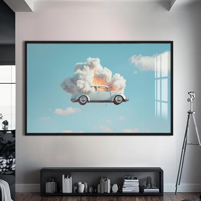 Artronauts Glass Print S | 72x46 cm | 28.3"x18.1" / Black Surreal Floating Vintage Car–Tempered Glass Wall Art