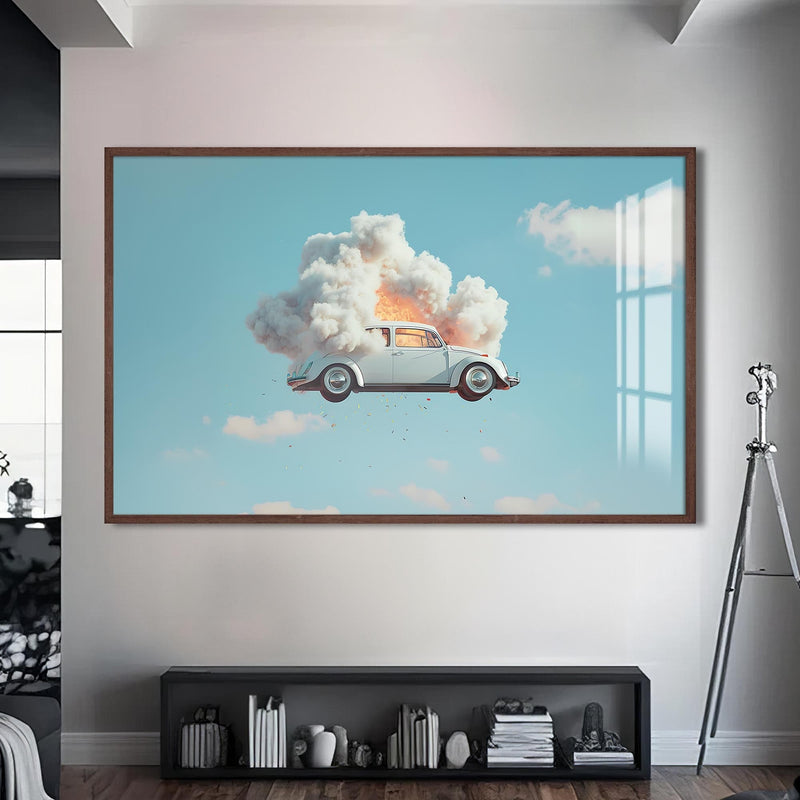 Artronauts Glass Print S | 72x46 cm | 28.3"x18.1" / Walnut Surreal Floating Vintage Car–Tempered Glass Wall Art