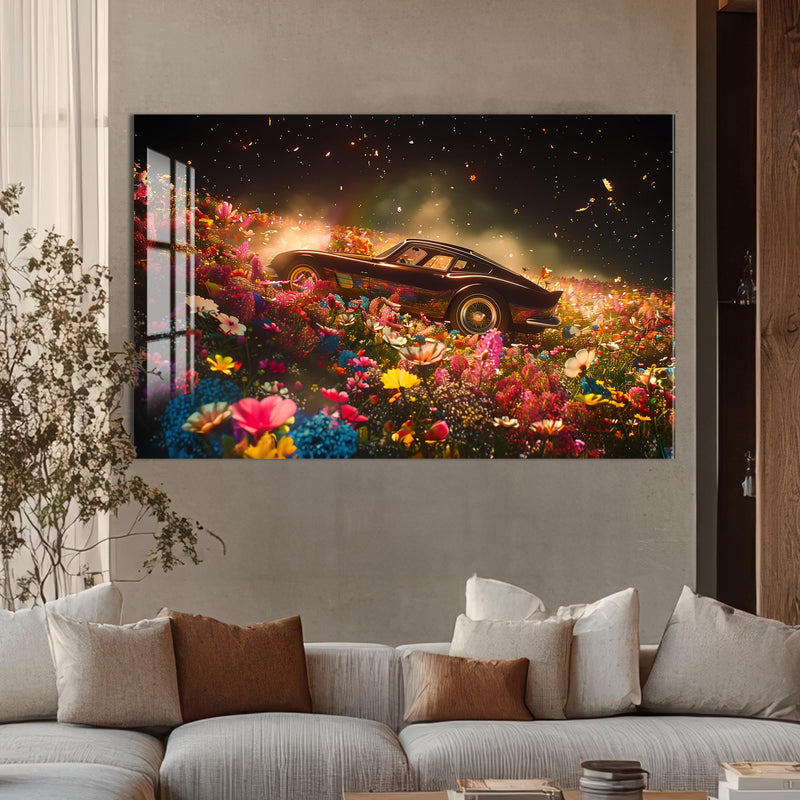 Artronauts Glass Print Classic Sports Car in Flower Field – Car Glass Wall Art
