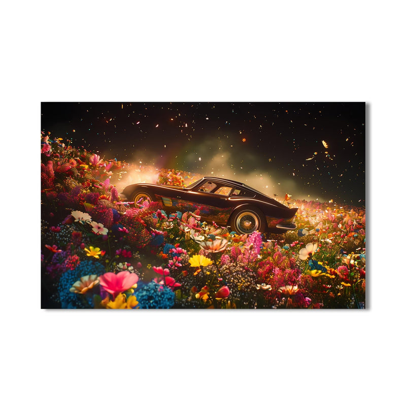 Artronauts Glass Print Classic Sports Car in Flower Field – Car Glass Wall Art