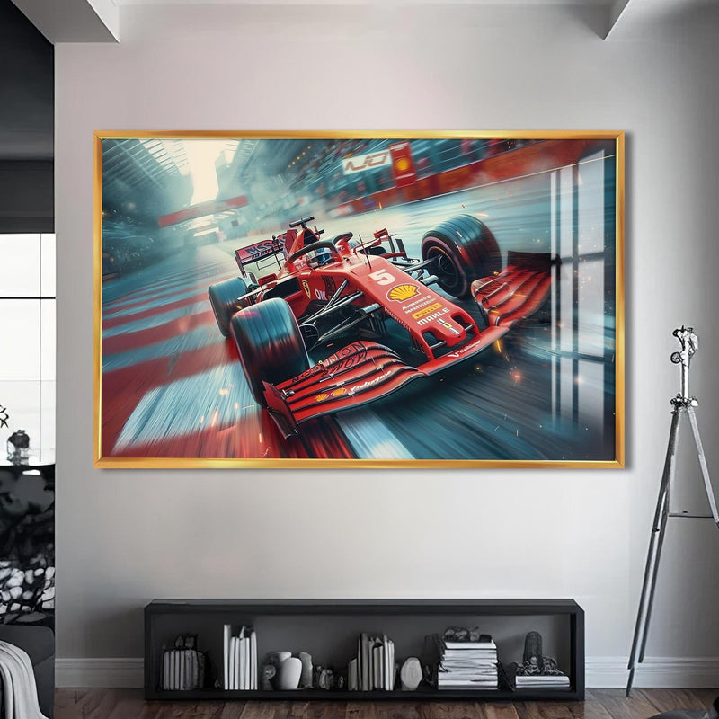 Artronauts Glass Print S | 72x46 cm | 28.3"x18.1" / Gold Formula Racing Car –Tempered Glass Wall Art