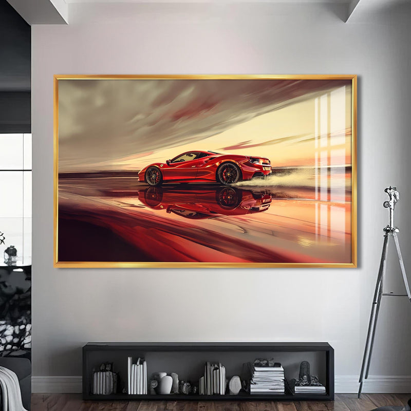 Artronauts Glass Print S | 72x46 cm | 28.3"x18.1" / Gold Red Supercar –Tempered Glass Wall Art