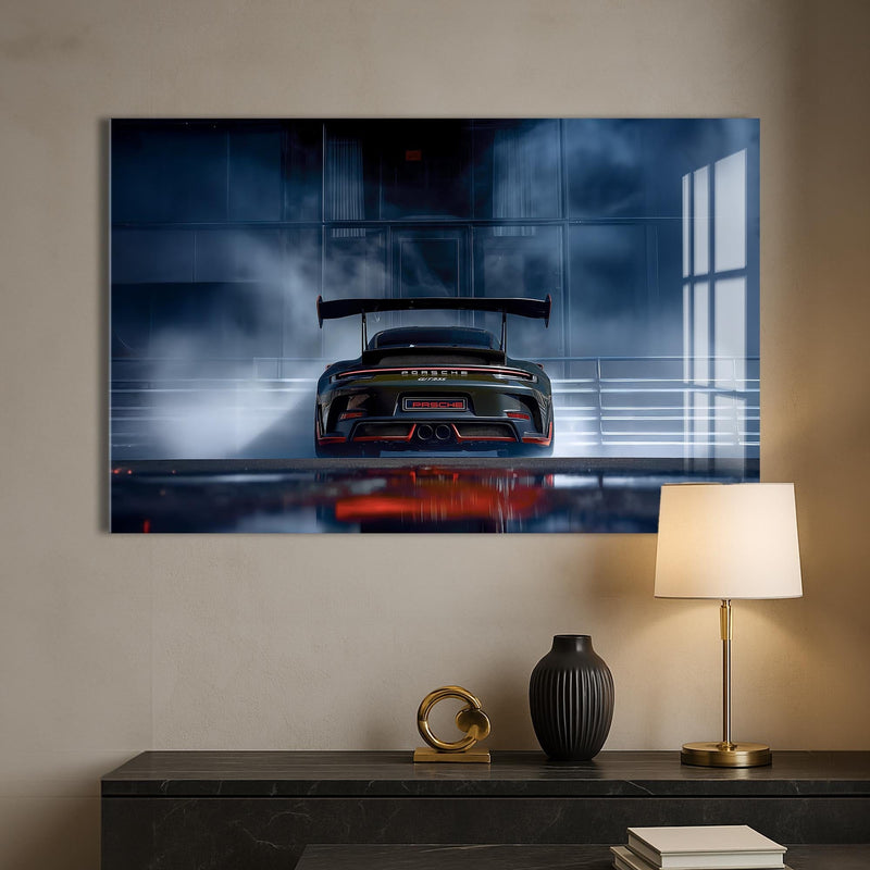 Artronauts Glass Print Rear View GT Race Car –Tempered Glass Wall Art