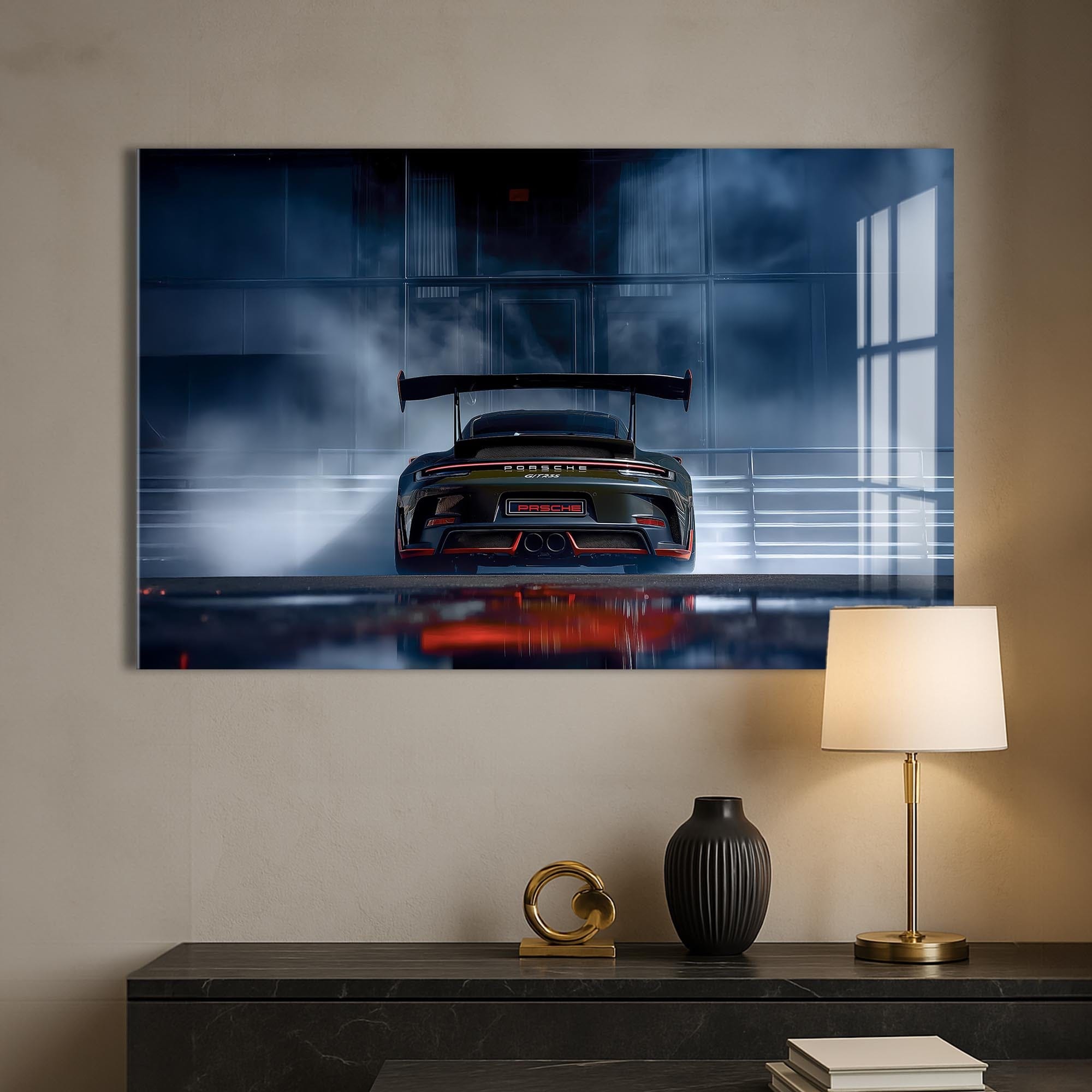 Artronauts Glass Print Rear View GT Race Car –Tempered Glass Wall Art