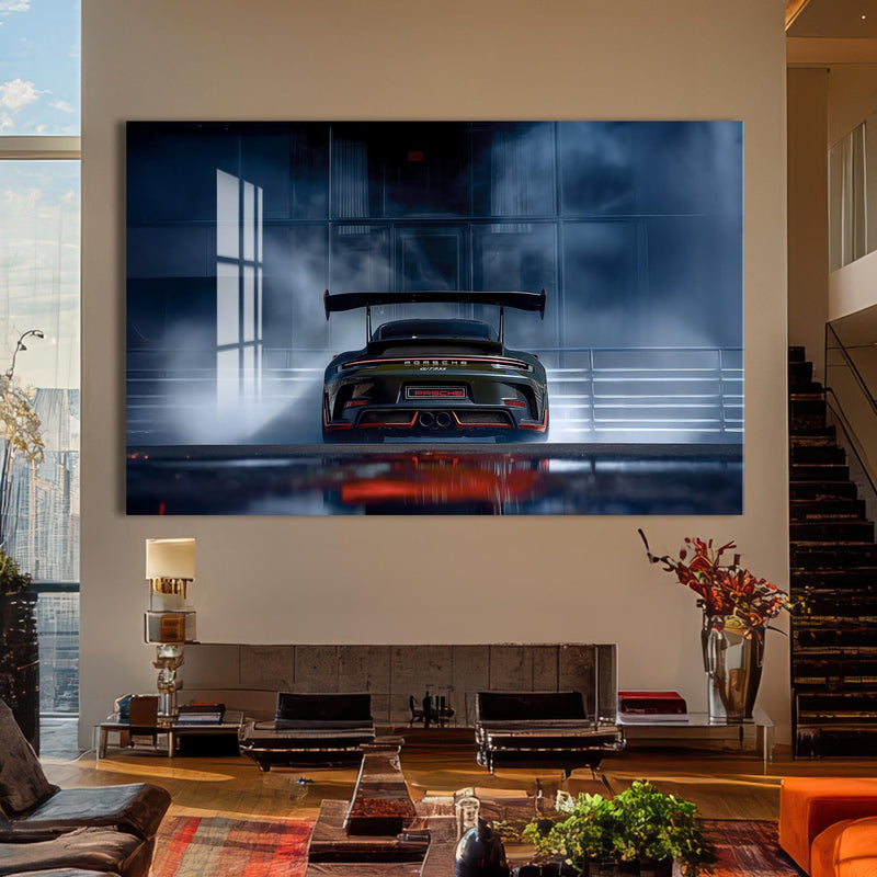 Artronauts Glass Print Rear View GT Race Car –Tempered Glass Wall Art