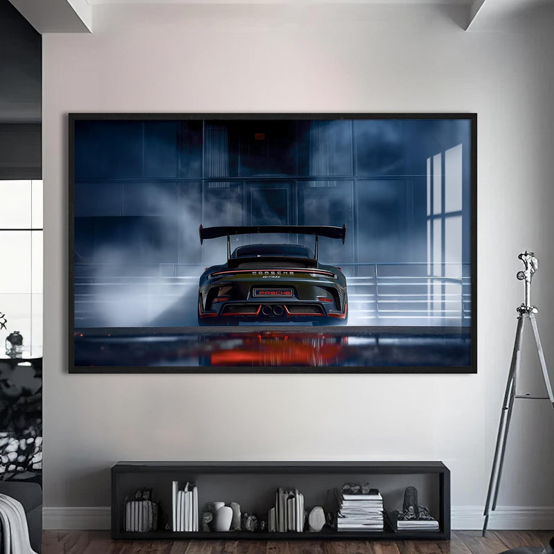 Artronauts Glass Print S | 72x46 cm | 28.3"x18.1" / Black Rear View GT Race Car –Tempered Glass Wall Art