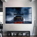 Artronauts Glass Print S | 72x46 cm | 28.3"x18.1" / White Rear View GT Race Car –Tempered Glass Wall Art