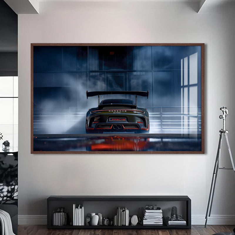 Artronauts Glass Print S | 72x46 cm | 28.3"x18.1" / Walnut Rear View GT Race Car –Tempered Glass Wall Art