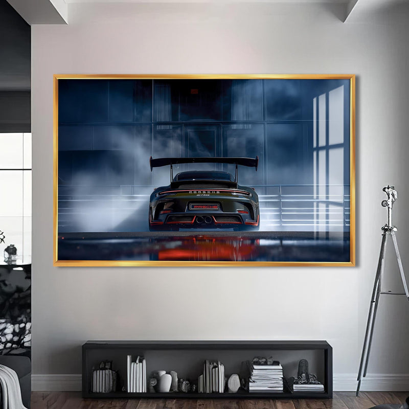 Artronauts Glass Print S | 72x46 cm | 28.3"x18.1" / Gold Rear View GT Race Car –Tempered Glass Wall Art