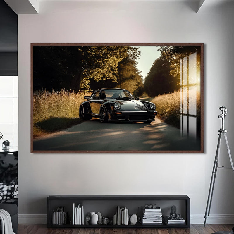 Artronauts Glass Print S | 72x46 cm | 28.3"x18.1" / Walnut Classic Car on Country Road –Tempered Glass Wall Art