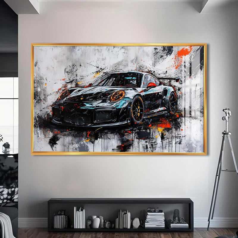 Artronauts Glass Print S | 72x46 cm | 28.3"x18.1" / Gold Abstract Supercar Power – Contemporary Glass Wall Art