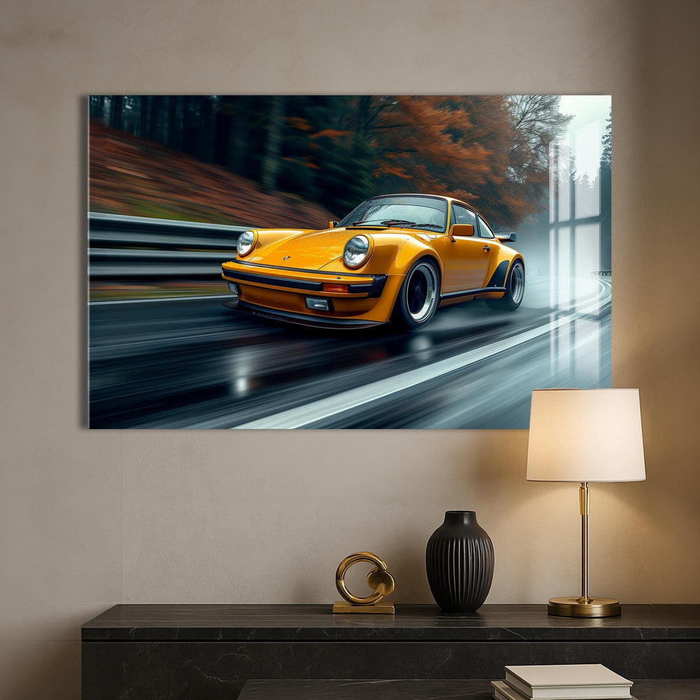 Artronauts Glass Print Yellow Classic Sports Car–Tempered Glass Wall Art