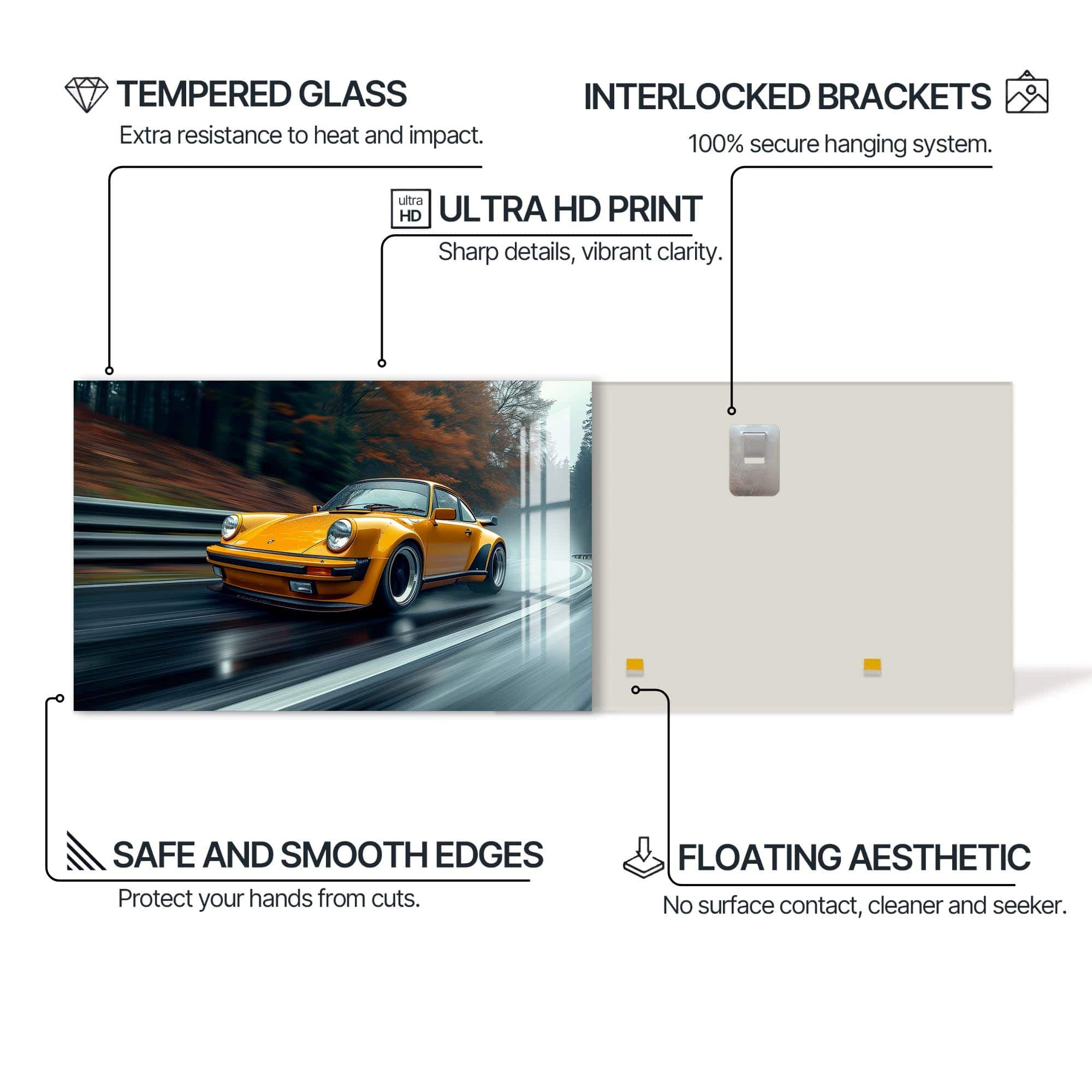 Artronauts Glass Print Yellow Classic Sports Car–Tempered Glass Wall Art