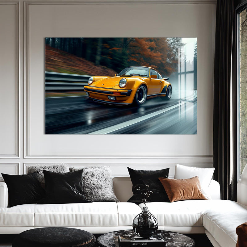 Artronauts Glass Print Yellow Classic Sports Car–Tempered Glass Wall Art