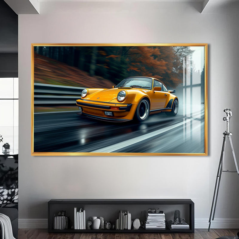 Artronauts Glass Print S | 72x46 cm | 28.3"x18.1" / Gold Yellow Classic Sports Car–Tempered Glass Wall Art
