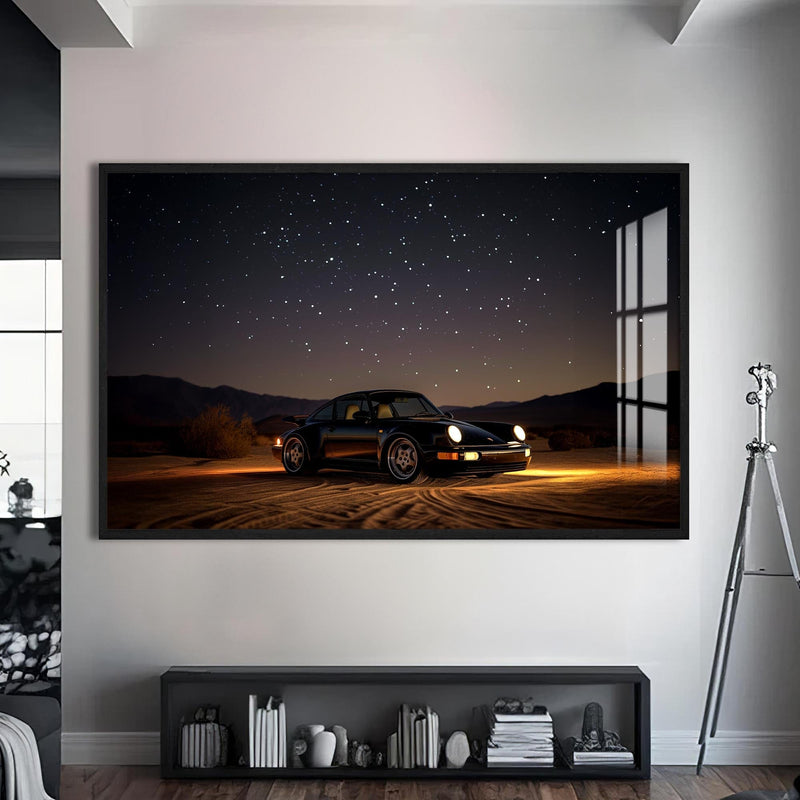 Artronauts Glass Print S | 72x46 cm | 28.3"x18.1" / Black Sports Car Under the Night Sky-Tempered Glass Wall Art