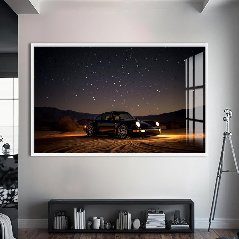 Artronauts Glass Print S | 72x46 cm | 28.3"x18.1" / White Sports Car Under the Night Sky-Tempered Glass Wall Art