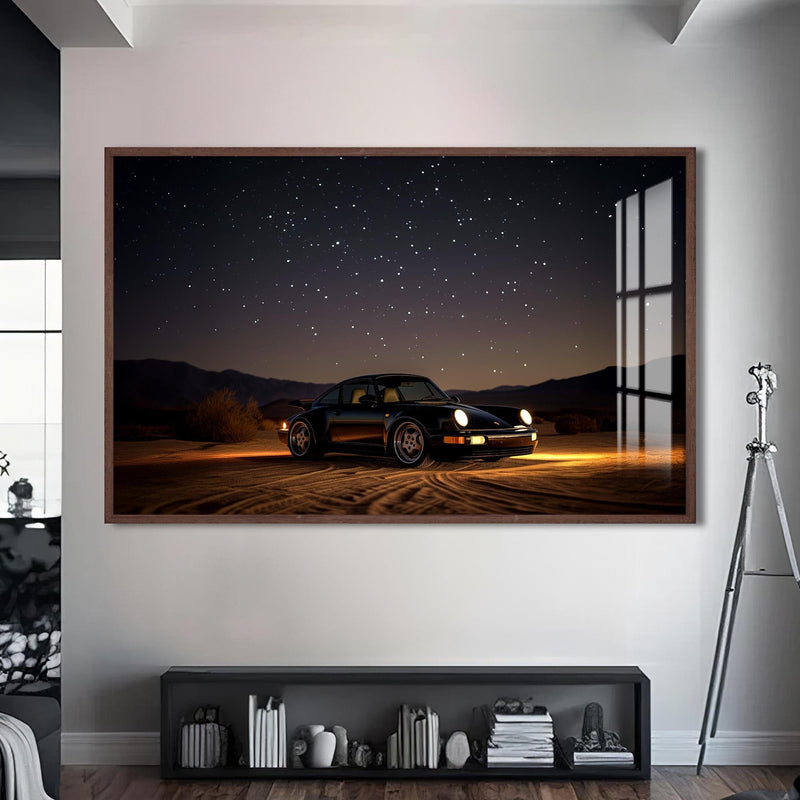 Artronauts Glass Print S | 72x46 cm | 28.3"x18.1" / Walnut Sports Car Under the Night Sky-Tempered Glass Wall Art