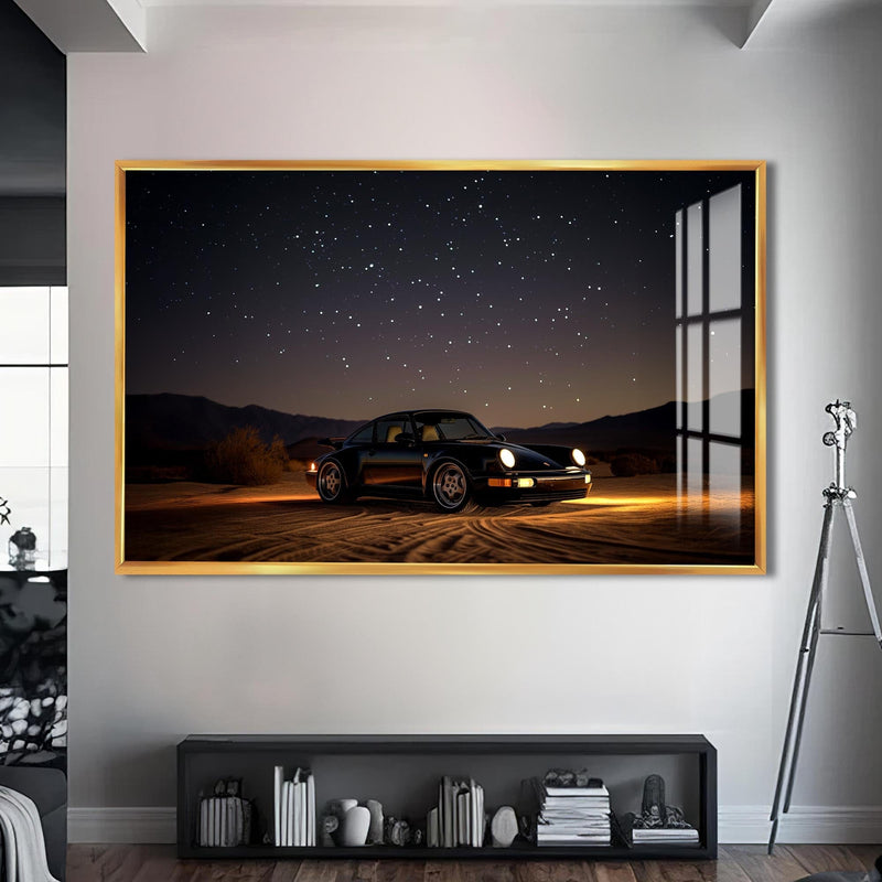 Artronauts Glass Print S | 72x46 cm | 28.3"x18.1" / Gold Sports Car Under the Night Sky-Tempered Glass Wall Art