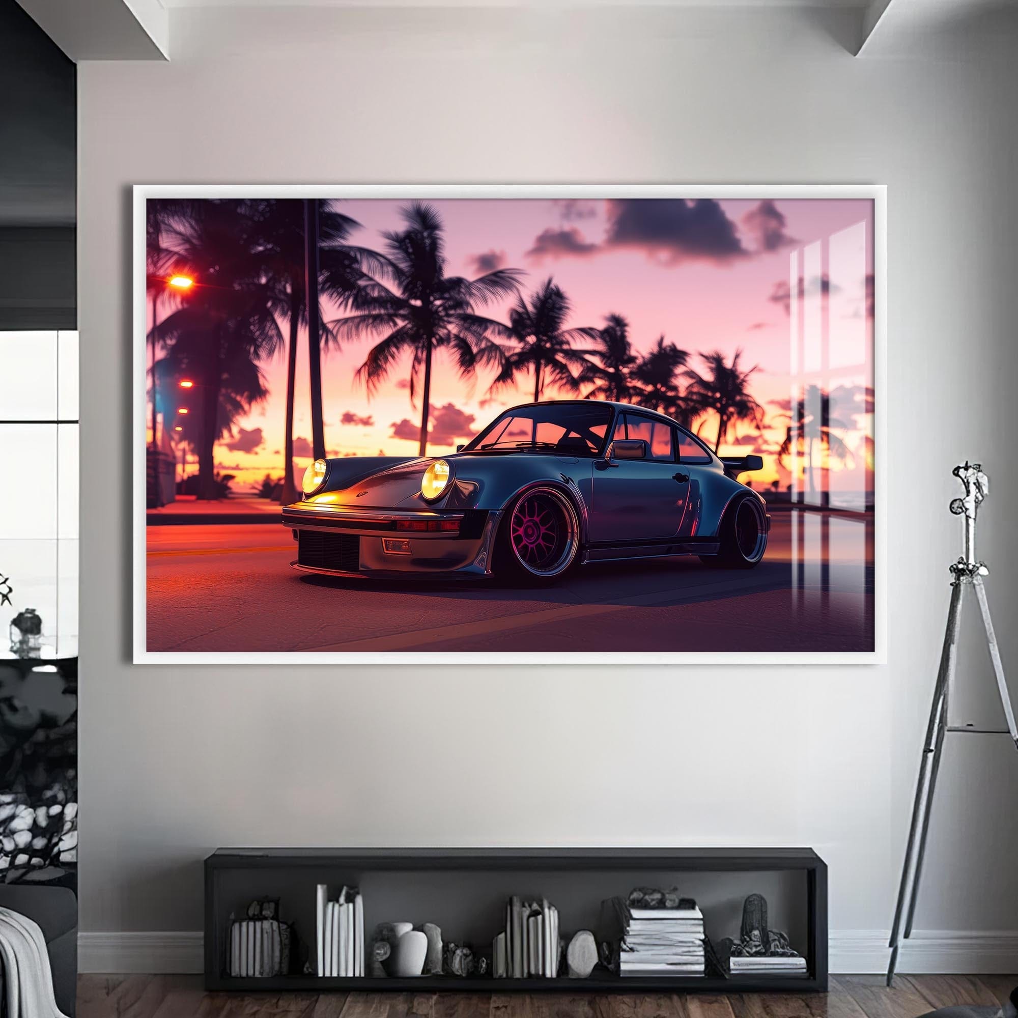 Artronauts Glass Print S | 72x46 cm | 28.3"x18.1" / White Retro Sports Car-Tempered Glass Wall Art