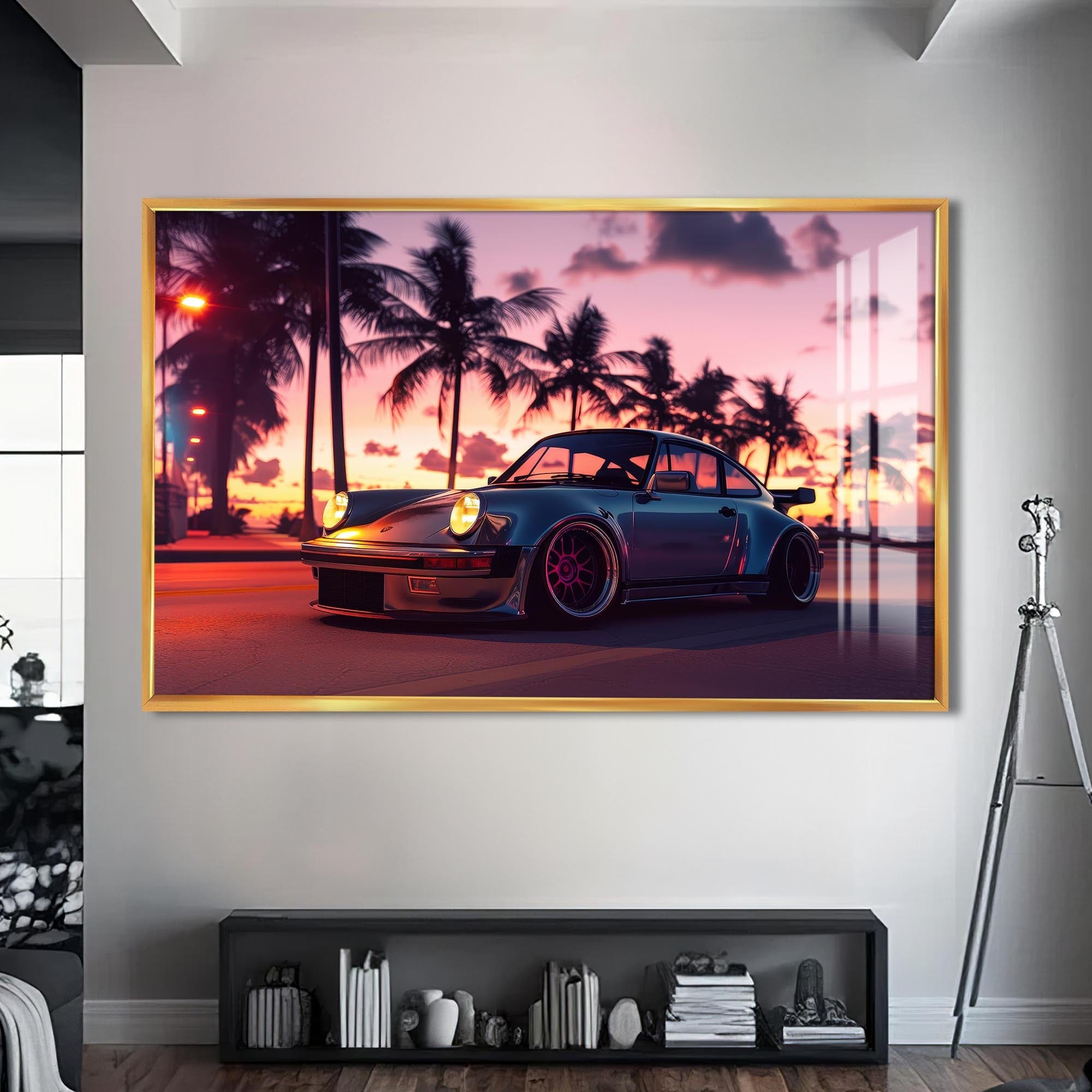Artronauts Glass Print S | 72x46 cm | 28.3"x18.1" / Gold Retro Sports Car-Tempered Glass Wall Art