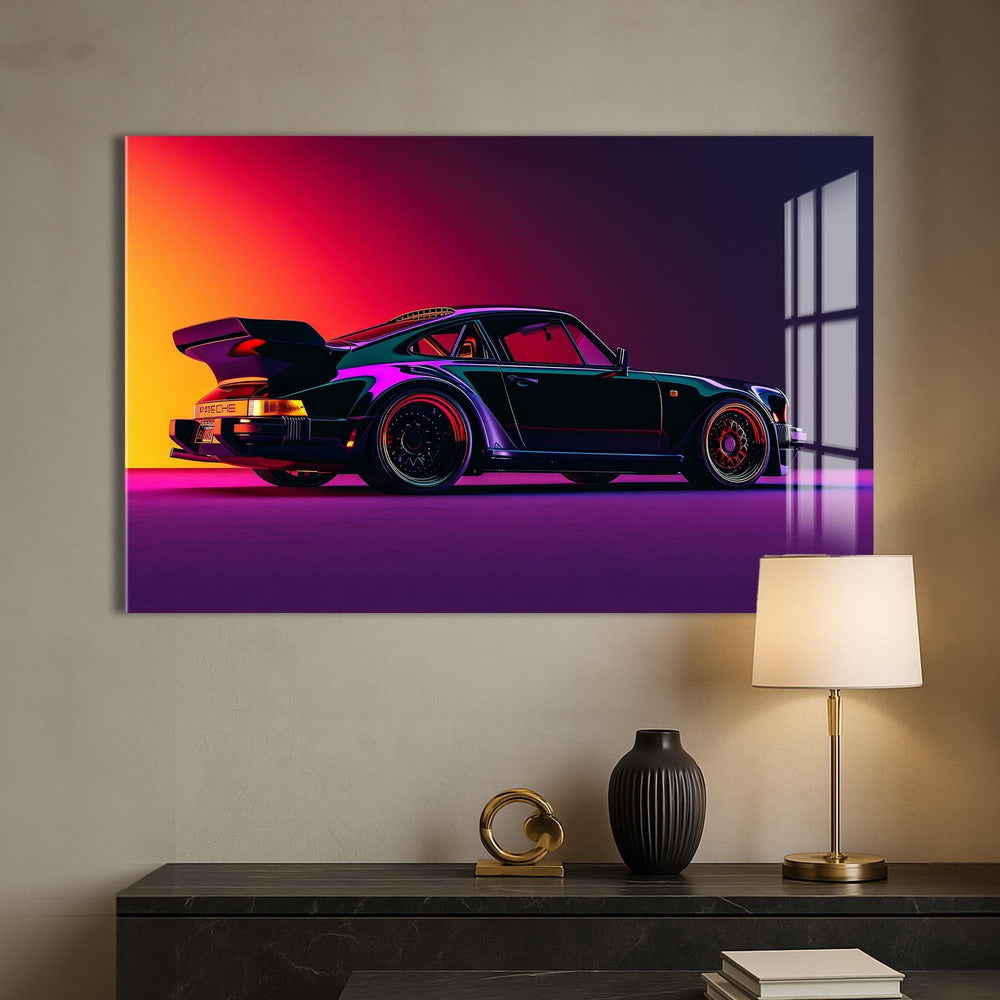 Artronauts Glass Print Neon Styled Classic Sports Car-Tempered Glass Wall Art