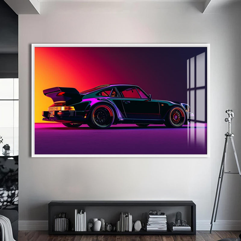 Artronauts Glass Print S | 72x46 cm | 28.3"x18.1" / White Neon Styled Classic Sports Car-Tempered Glass Wall Art