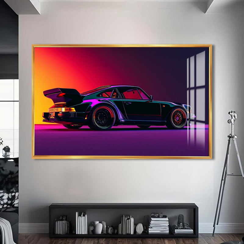 Artronauts Glass Print S | 72x46 cm | 28.3"x18.1" / Gold Neon Styled Classic Sports Car-Tempered Glass Wall Art