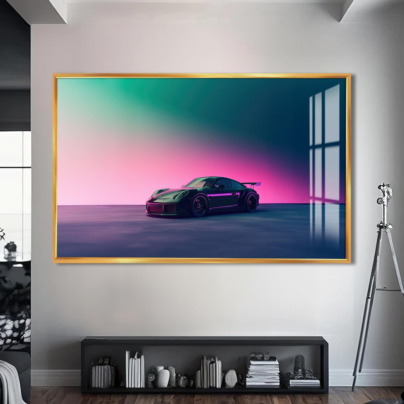 Artronauts Glass Print S | 72x46 cm | 28.3"x18.1" / Gold Minimalist Sports Car-Tempered Glass Wall Art