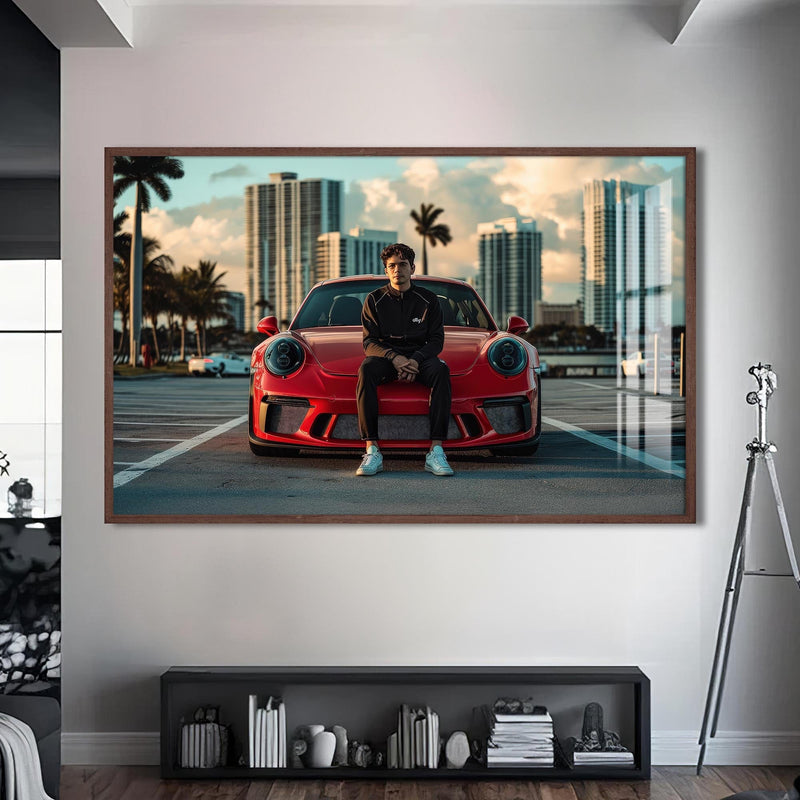 Artronauts Glass Print S | 72x46 cm | 28.3"x18.1" / Walnut Red Sports Car-Tempered Glass Wall Art