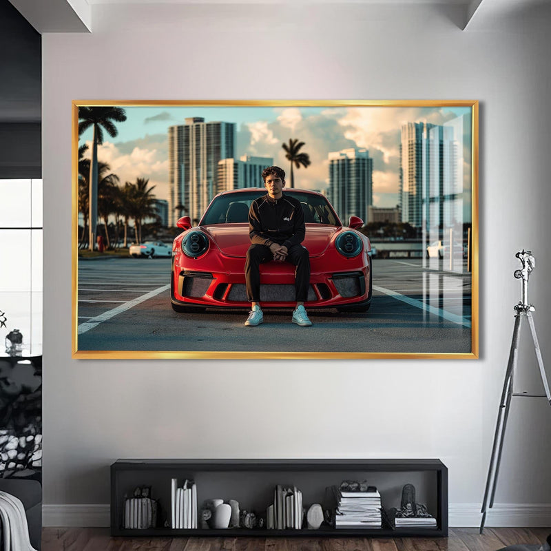 Artronauts Glass Print S | 72x46 cm | 28.3"x18.1" / Gold Red Sports Car-Tempered Glass Wall Art