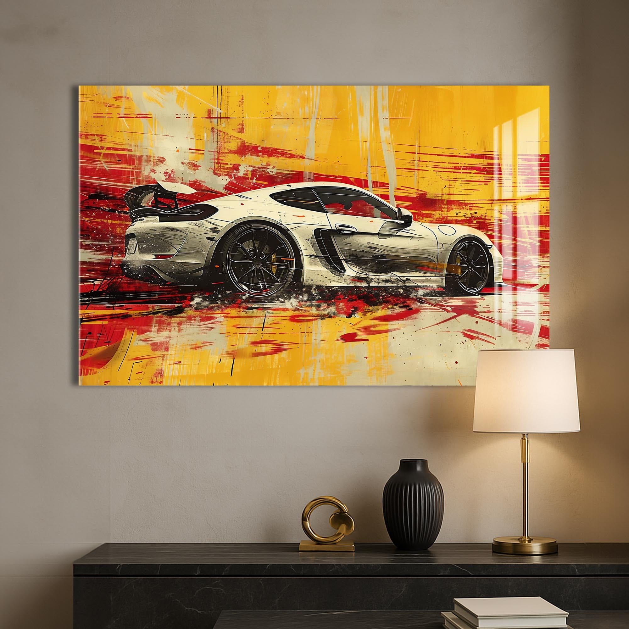 Artronauts Glass Print Yellow Motion – Abstract Sports Car Glass Wall Art