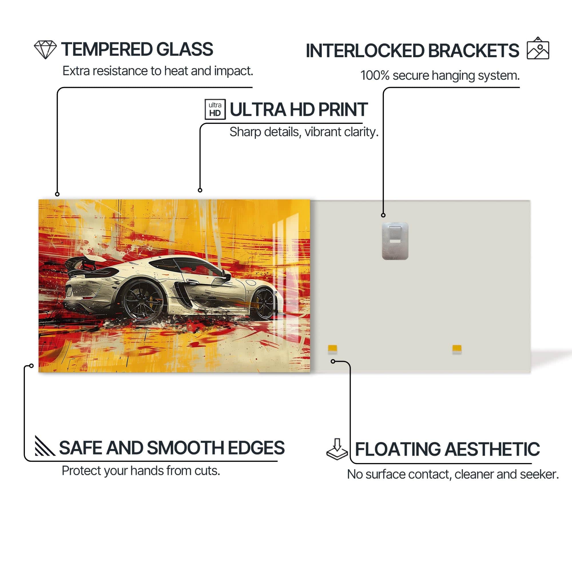 Artronauts Glass Print Yellow Motion – Abstract Sports Car Glass Wall Art