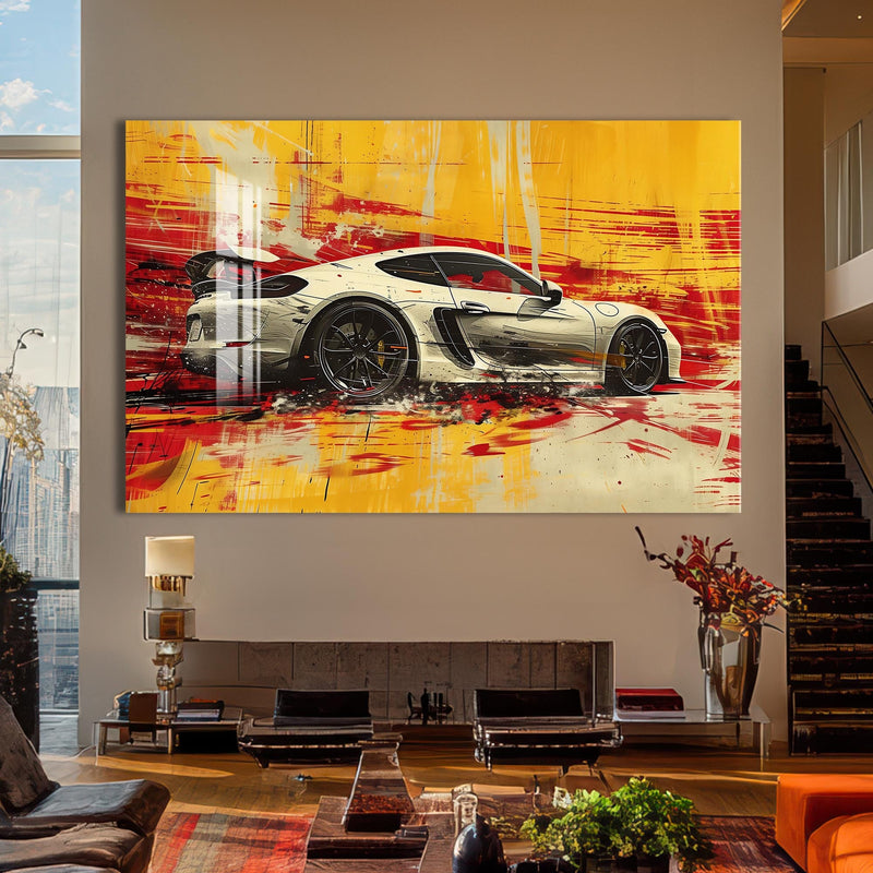 Artronauts Glass Print Yellow Motion – Abstract Sports Car Glass Wall Art