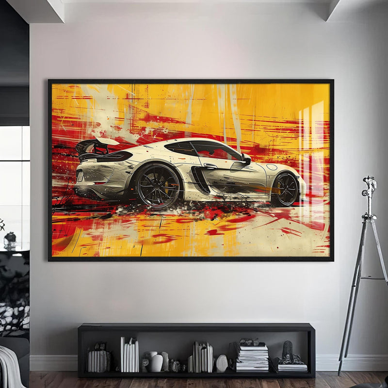 Artronauts Glass Print S | 72x46 cm | 28.3"x18.1" / Black Yellow Motion – Abstract Sports Car Glass Wall Art