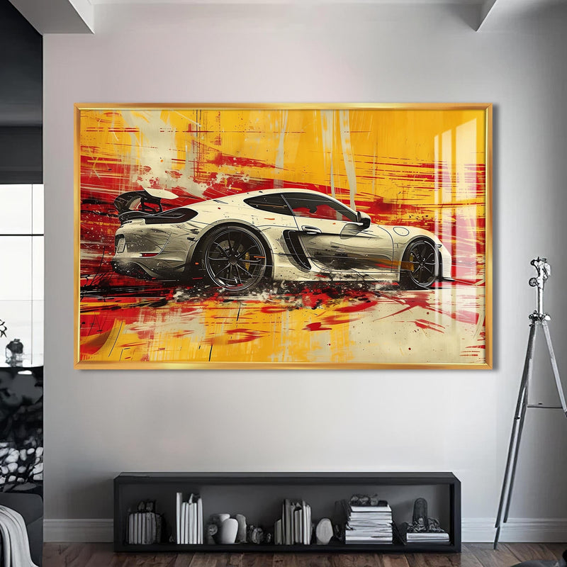 Artronauts Glass Print S | 72x46 cm | 28.3"x18.1" / Gold Yellow Motion – Abstract Sports Car Glass Wall Art