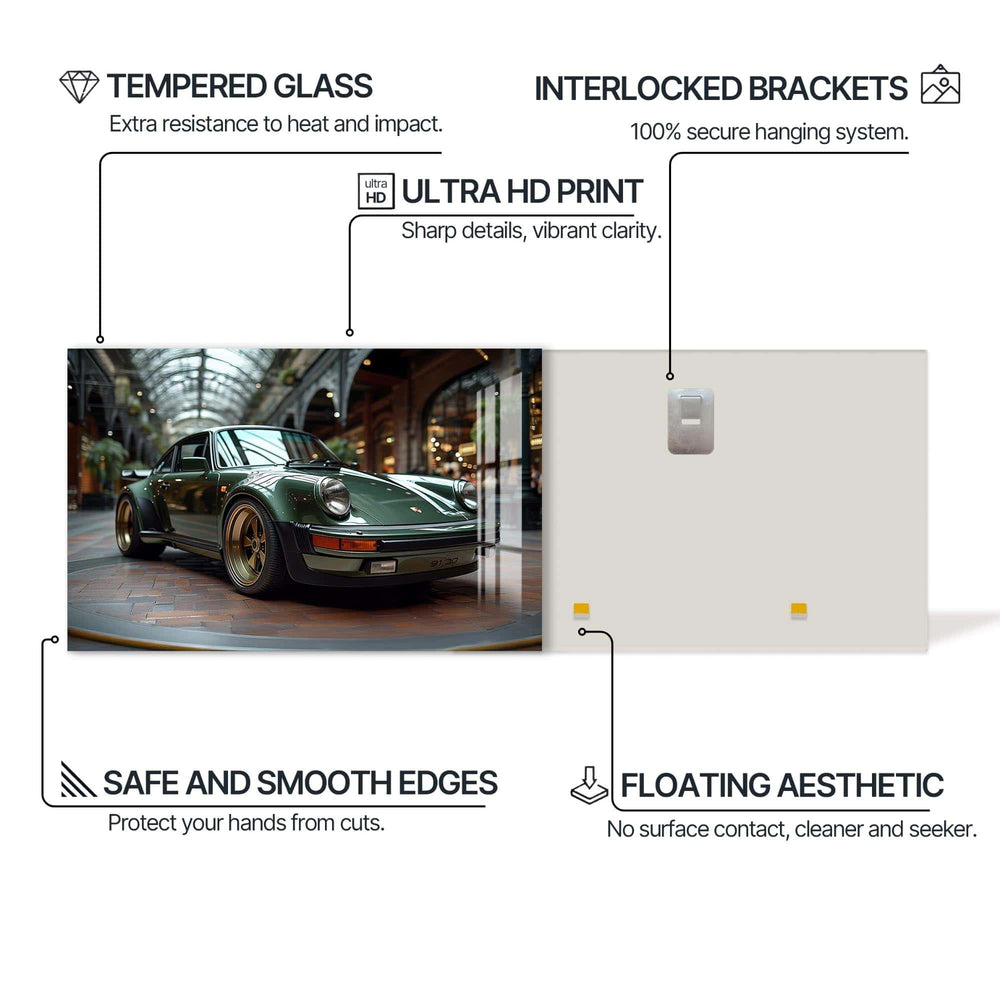 Artronauts Glass Print Green Classic Sports Car-Tempered Glass Wall Art