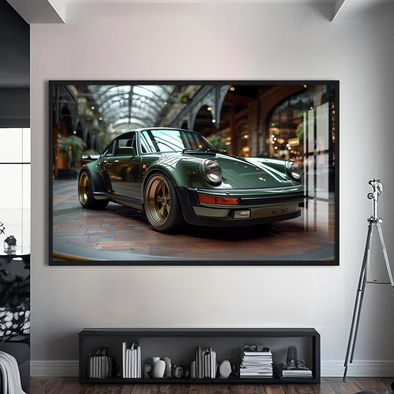 Artronauts Glass Print S | 72x46 cm | 28.3"x18.1" / Black Green Classic Sports Car-Tempered Glass Wall Art