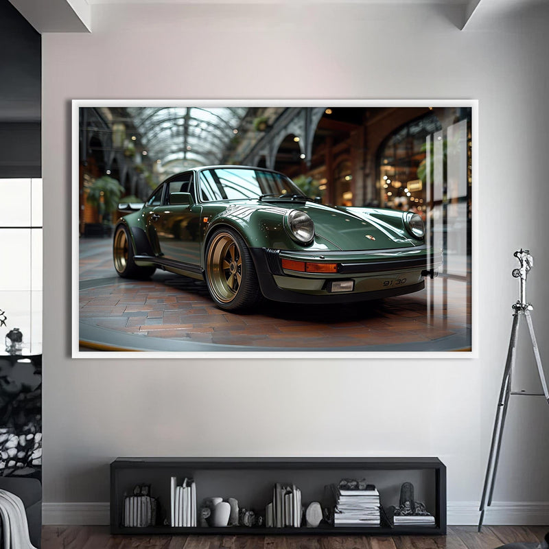 Artronauts Glass Print S | 72x46 cm | 28.3"x18.1" / White Green Classic Sports Car-Tempered Glass Wall Art