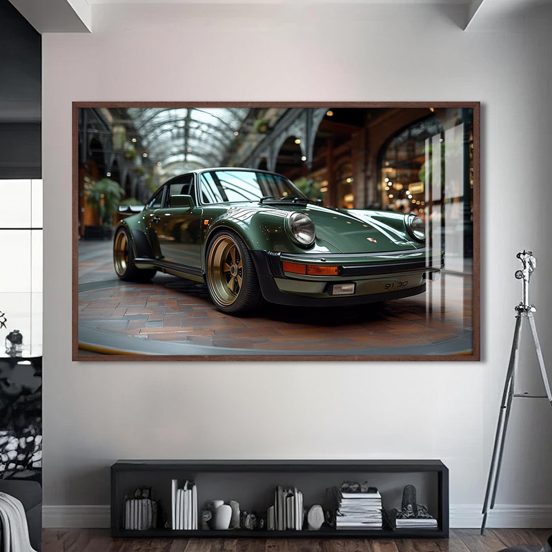 Artronauts Glass Print S | 72x46 cm | 28.3"x18.1" / Walnut Green Classic Sports Car-Tempered Glass Wall Art