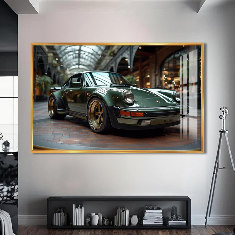 Artronauts Glass Print S | 72x46 cm | 28.3"x18.1" / Gold Green Classic Sports Car-Tempered Glass Wall Art